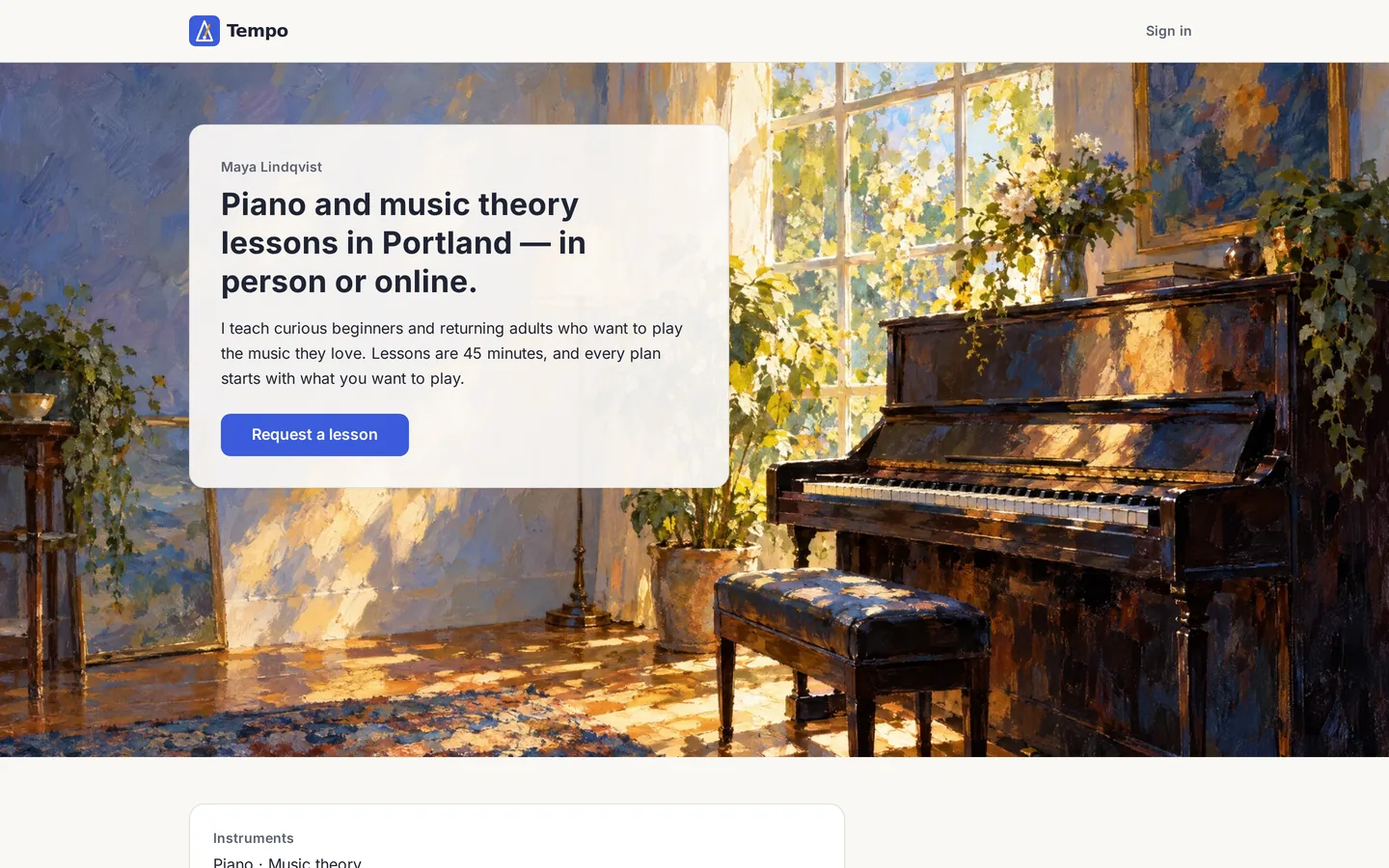 Tempo's public profile page: an impressionist painting of a sunlit piano studio with a card reading 'Piano and music theory lessons in Portland — in person or online' and a blue Request a lesson button.