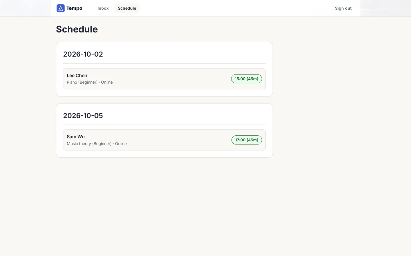 Tempo schedule page listing two accepted lessons, Lee Chen and Sam Wu, grouped by date.