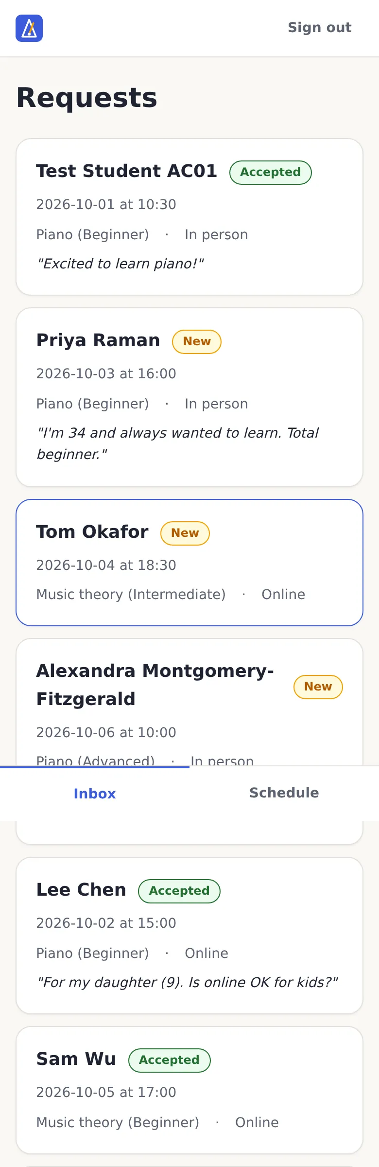 Tempo teacher inbox on a phone with a record named Test Student AC01 at the top, marked Accepted.