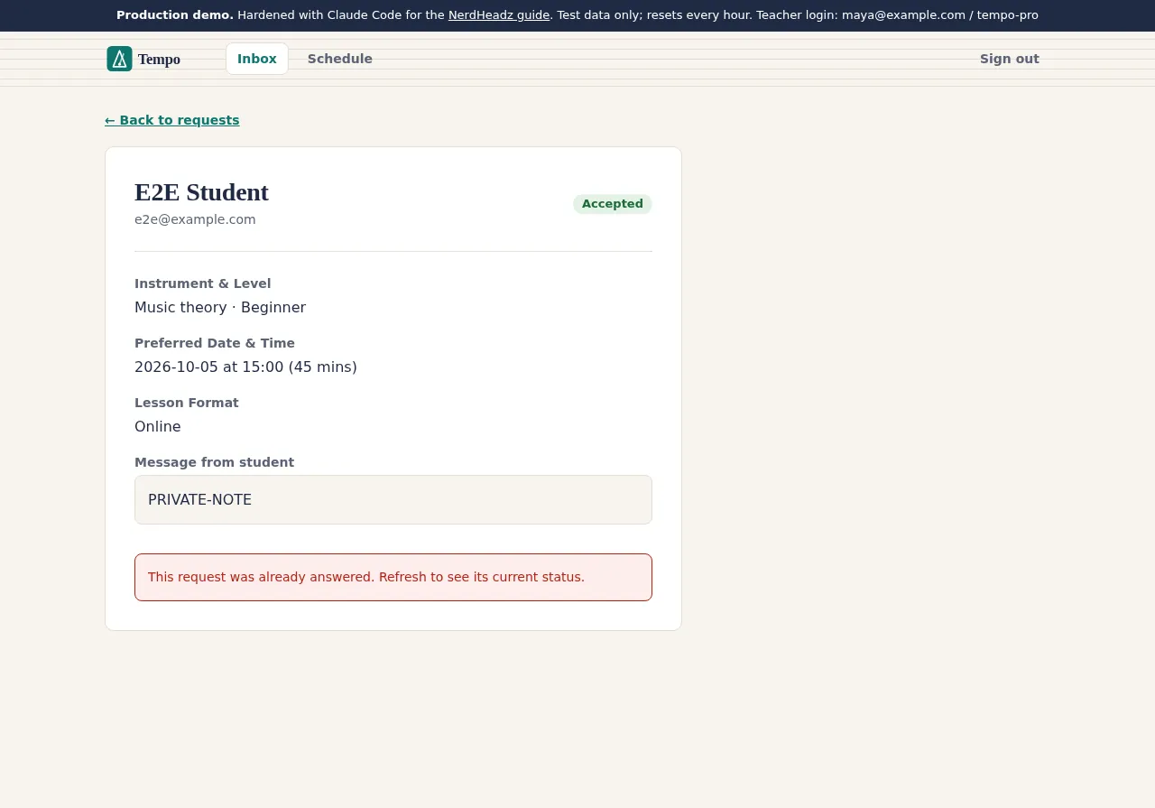 Tempo request page showing Accepted badge and the message: This request was already answered. Refresh to see its current status.
