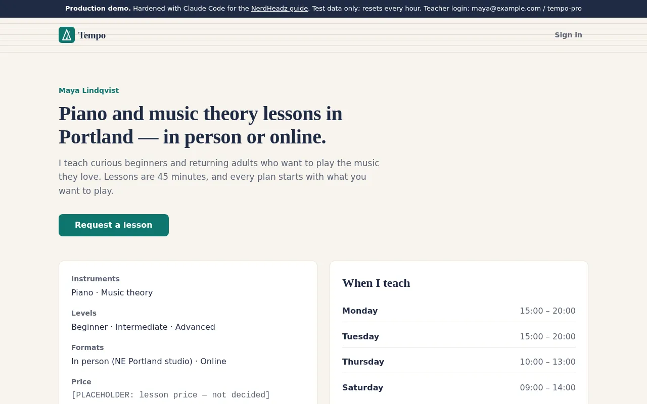 Tempo production home page: calm paper background, serif heading, teal button, availability card