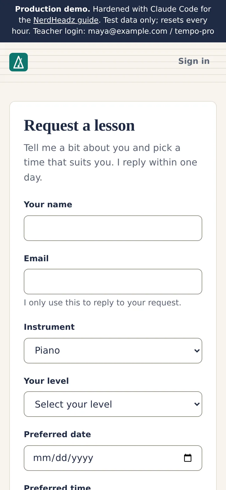 Production request form on a phone