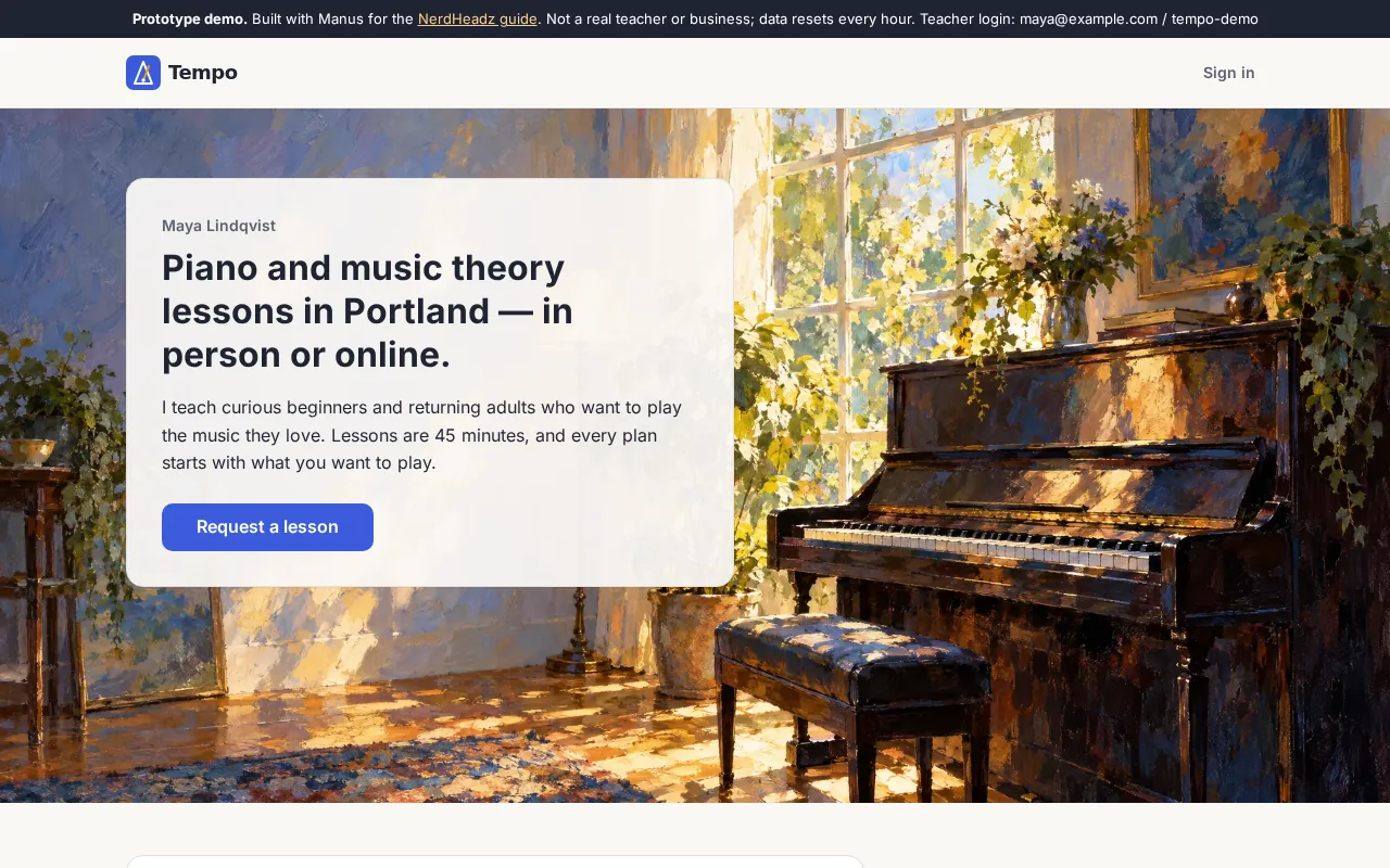 Tempo prototype home page with a large impressionist painting of a piano