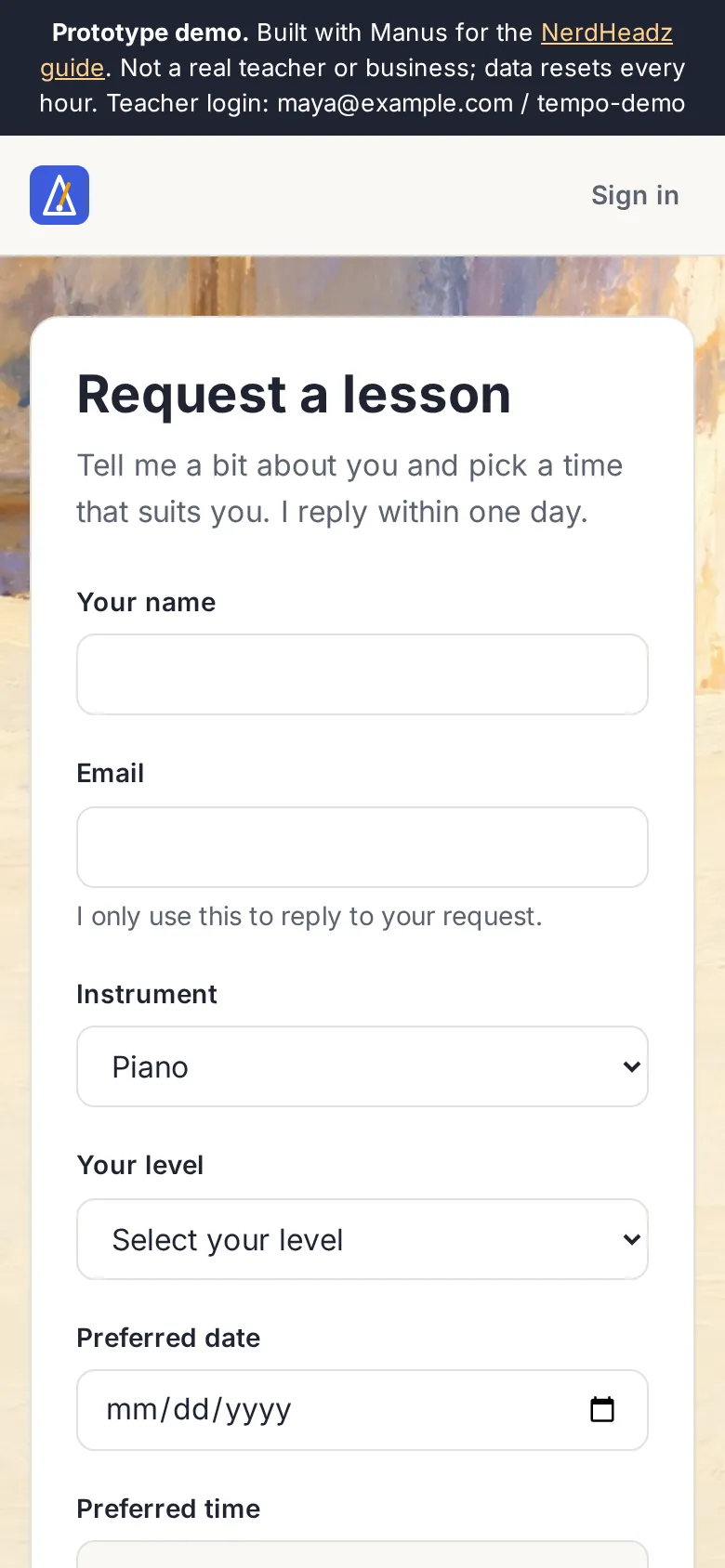 Prototype request form on a phone
