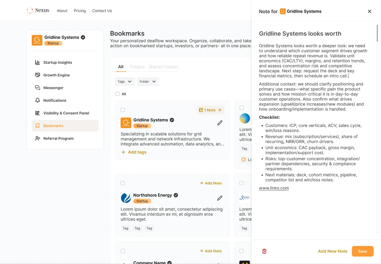 PovNexus bookmarks and notes screen, where a user organises saved companies and records collaborative notes.