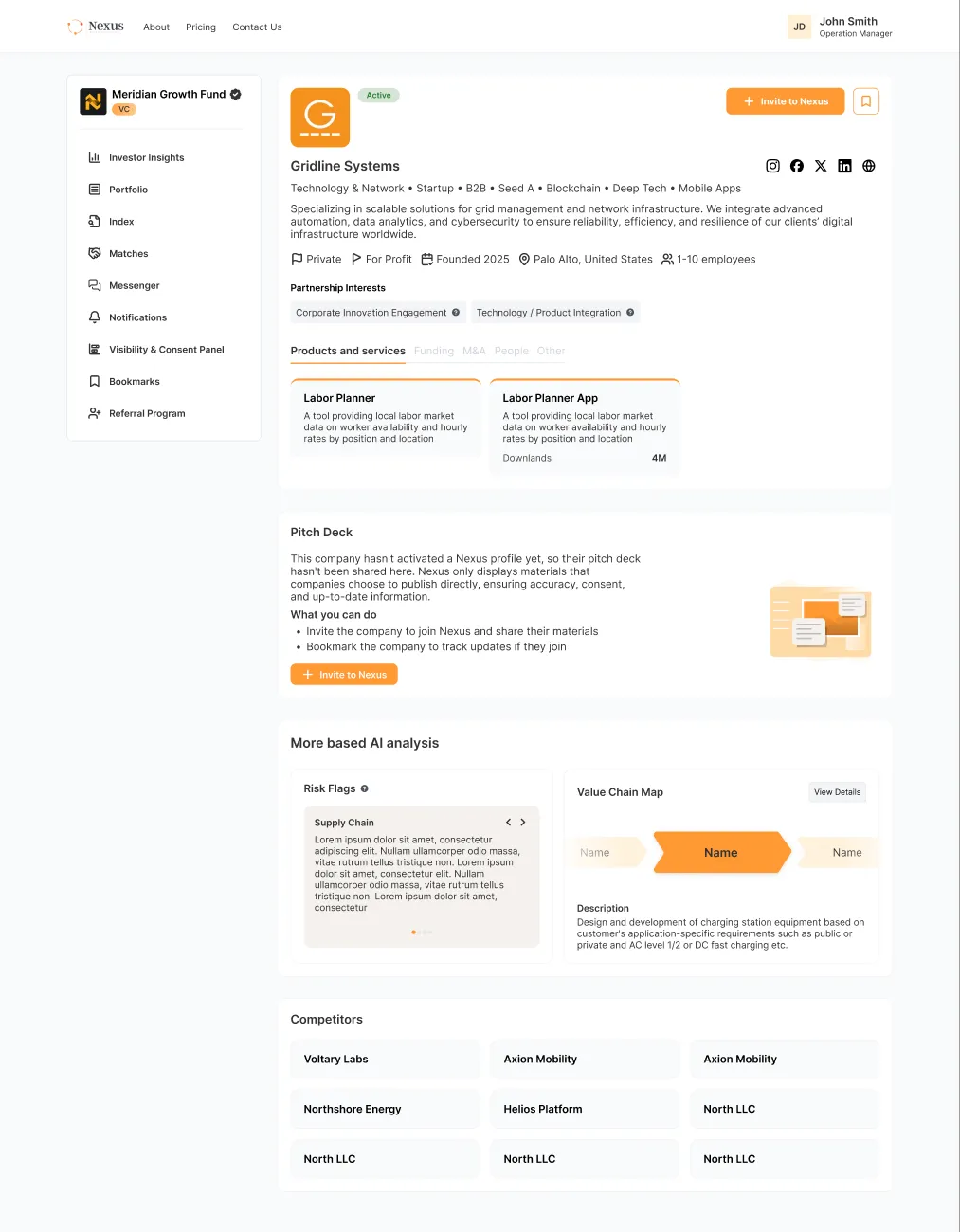 PovNexus company profile screen showing a startup overview, partnership interests, products and services, a pitch-deck panel, AI-based risk flags and a value-chain map.