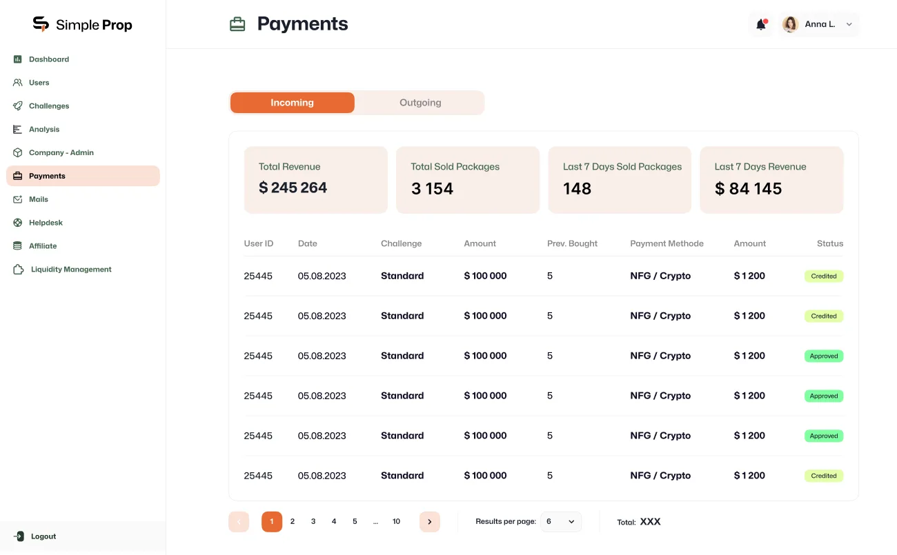 SimpleProp company payments screen — automated payout and reporting back-office.