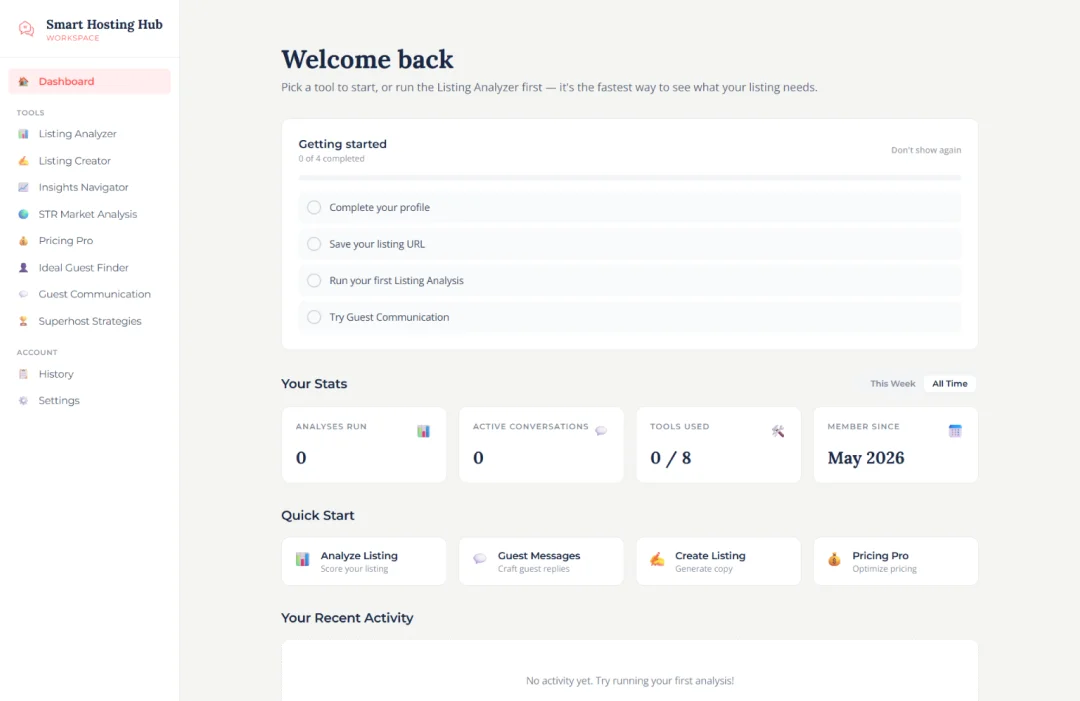 SmartHostingHub host dashboard with sidebar navigation to the eight AI tools, an onboarding checklist, usage stats, and quick-start actions.