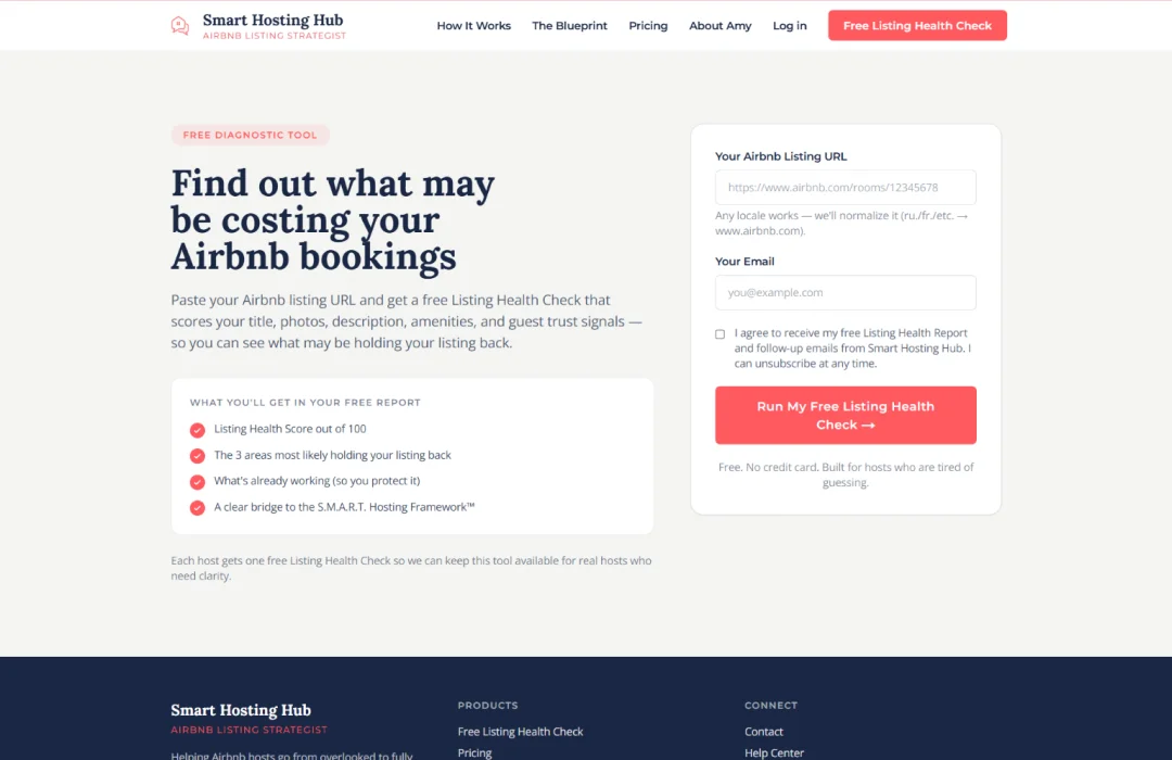 SmartHostingHub free Airbnb Listing Health Check page — paste a listing URL and an email to get a scored report, in the product’s navy-and-coral brand.