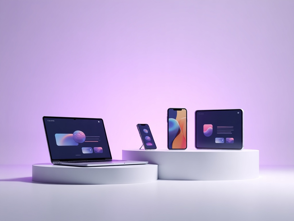 Four devices on a lavender podium — laptop, two smartphones, and a tablet — representing web, native mobile, PWA, and no-code app delivery paths