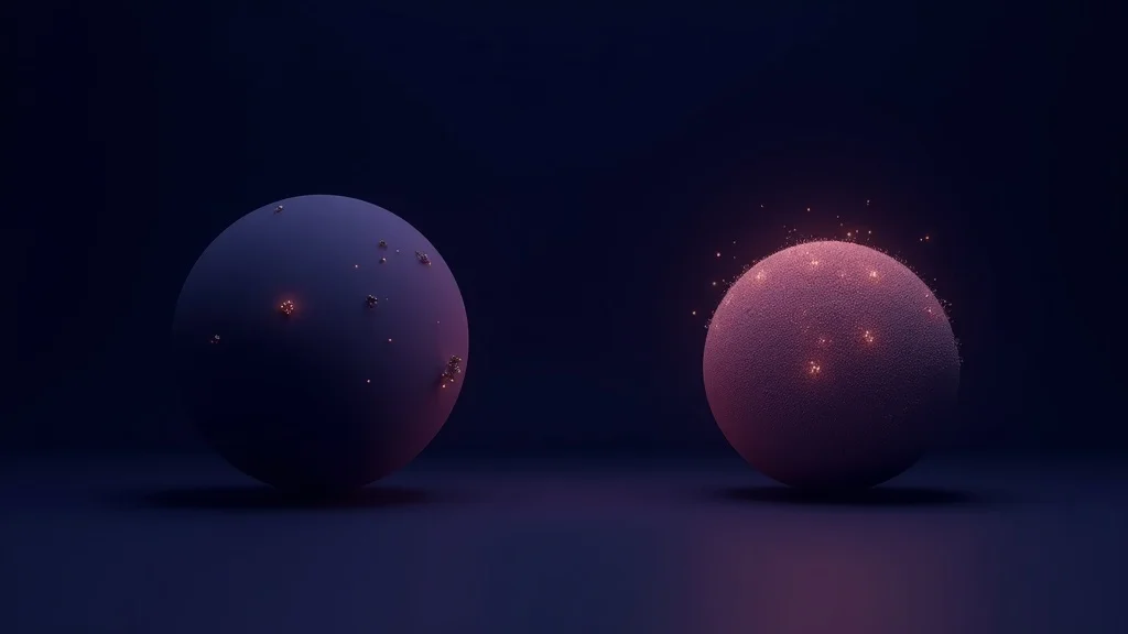 Two volumes side-by-side: a solid sphere with a few decorative particles, beside a sphere composed entirely of luminous particles.
