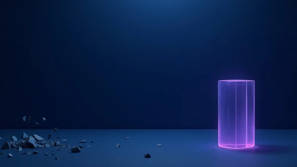 Scattered grey shards on the far left, a unified translucent purple hexagonal column on the far right, separated by deep open space.