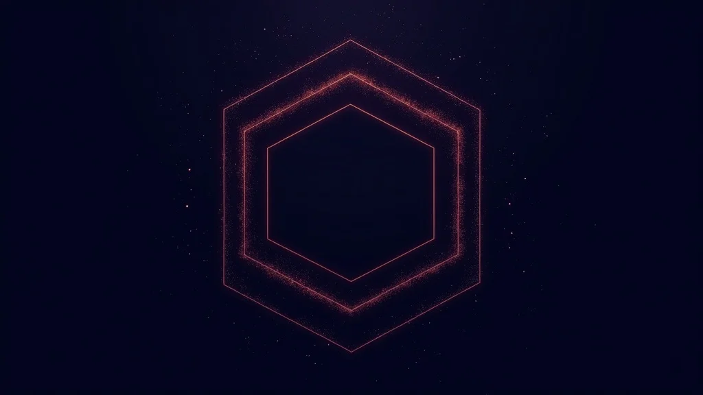 Nested hexagonal frames composed of fine particles, layered at slight rotational offsets in deep navy space.