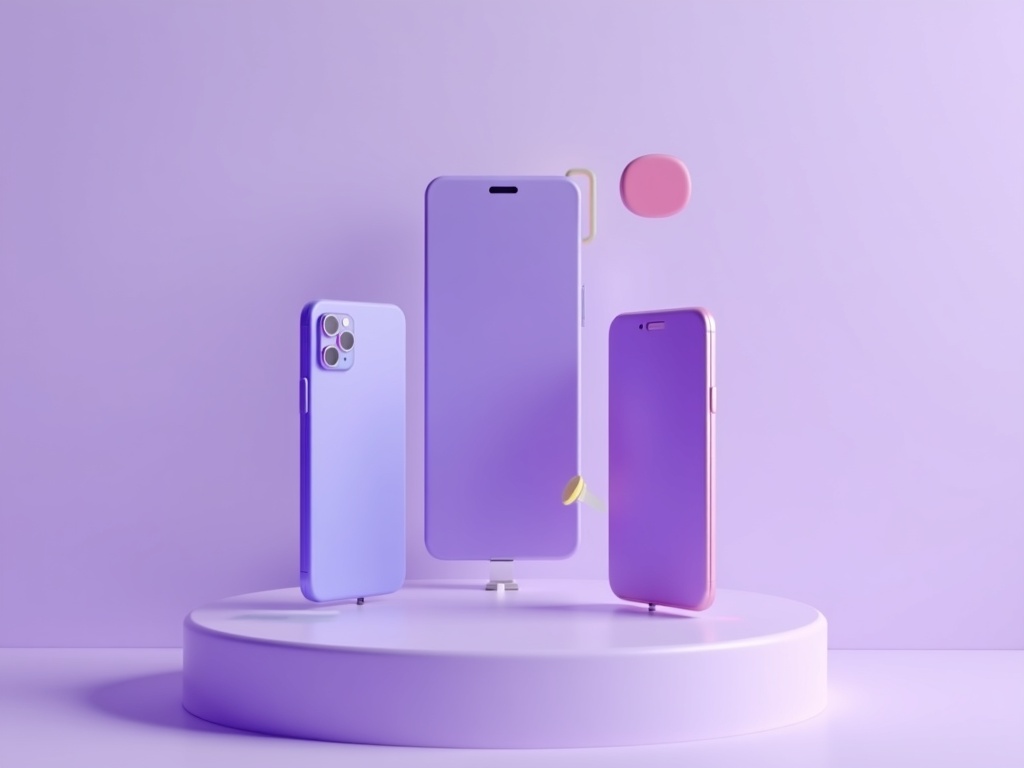Three translucent rounded forms on a lavender stage — deep purple, warm amber, and pale periwinkle — representing native, PWA, and responsive mobile delivery paths