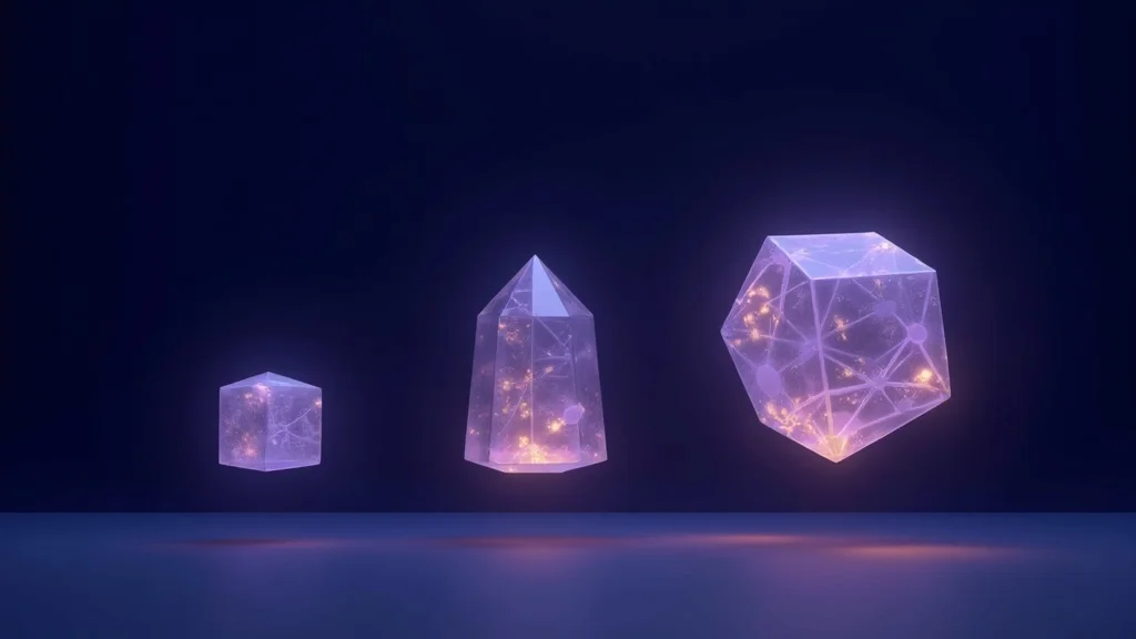 Three translucent crystalline forms at increasing scale and complexity, representing POC, prototype, and MVP.